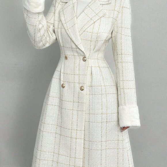 White Elegant Women's Long Sleeve Double-Breasted Coat w/Cinched Waist Faux Fur - Picture 6 of 7